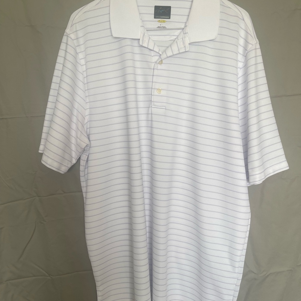 Greg Norman Collection White Polo with Thin Light Gray Stripes